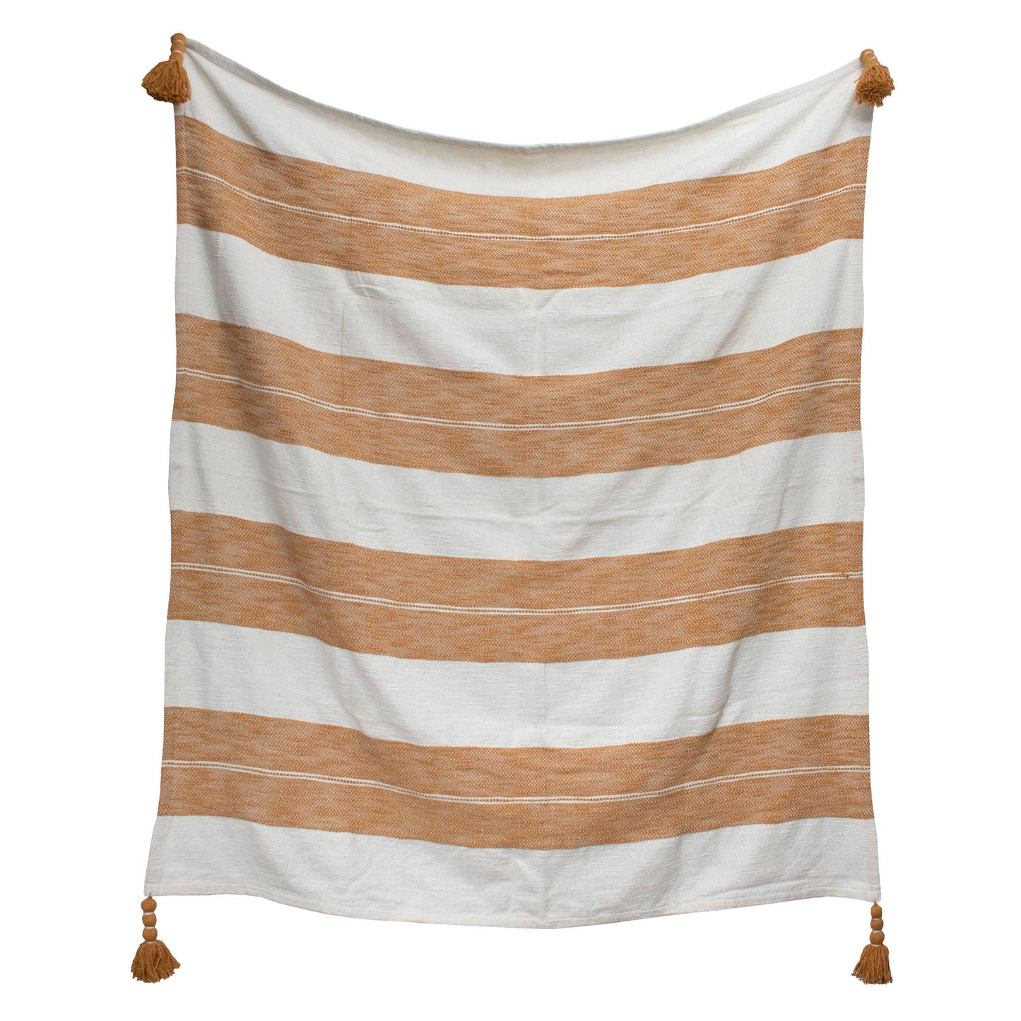 JoEllen Ochre Striped Cotton Throw Blanket | Tasseled, 50x60