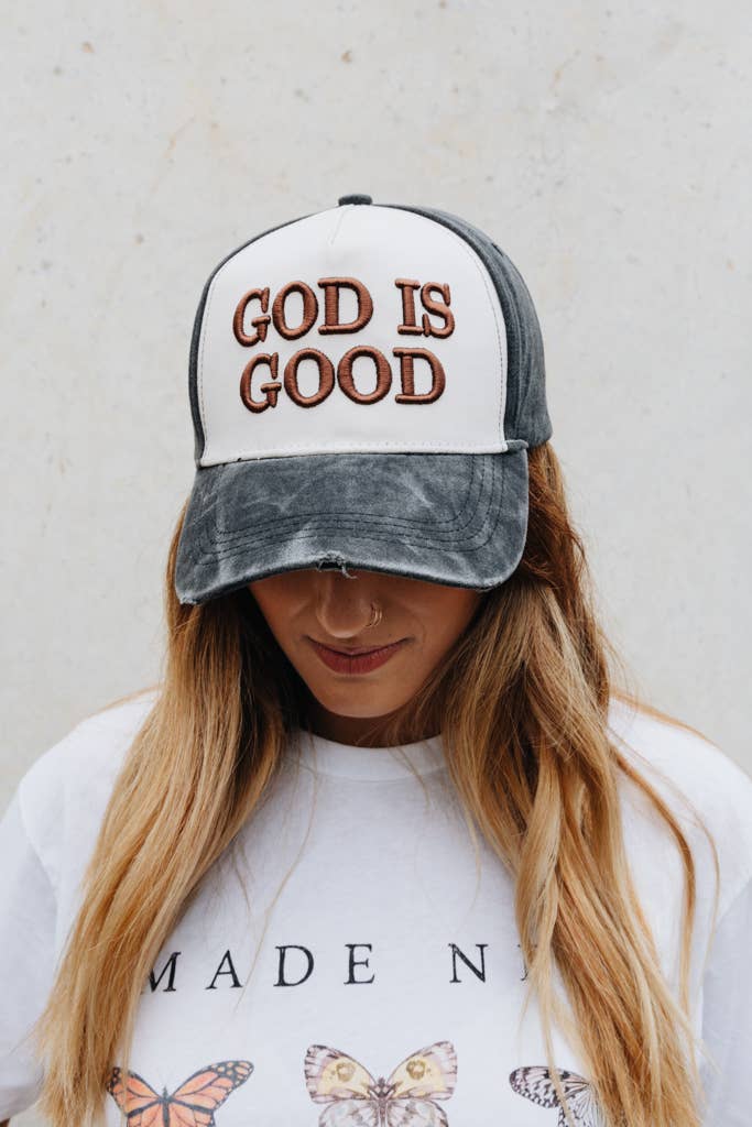 God is Good Distressed Trucker Hat | White & Brown