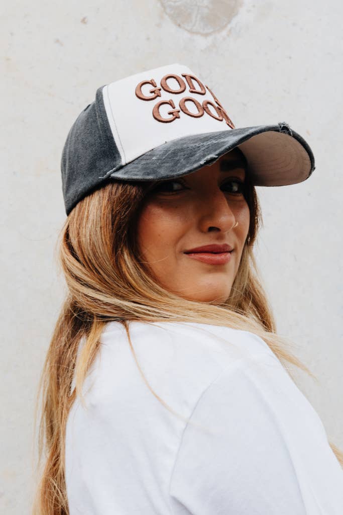 God is Good Distressed Trucker Hat | White & Brown