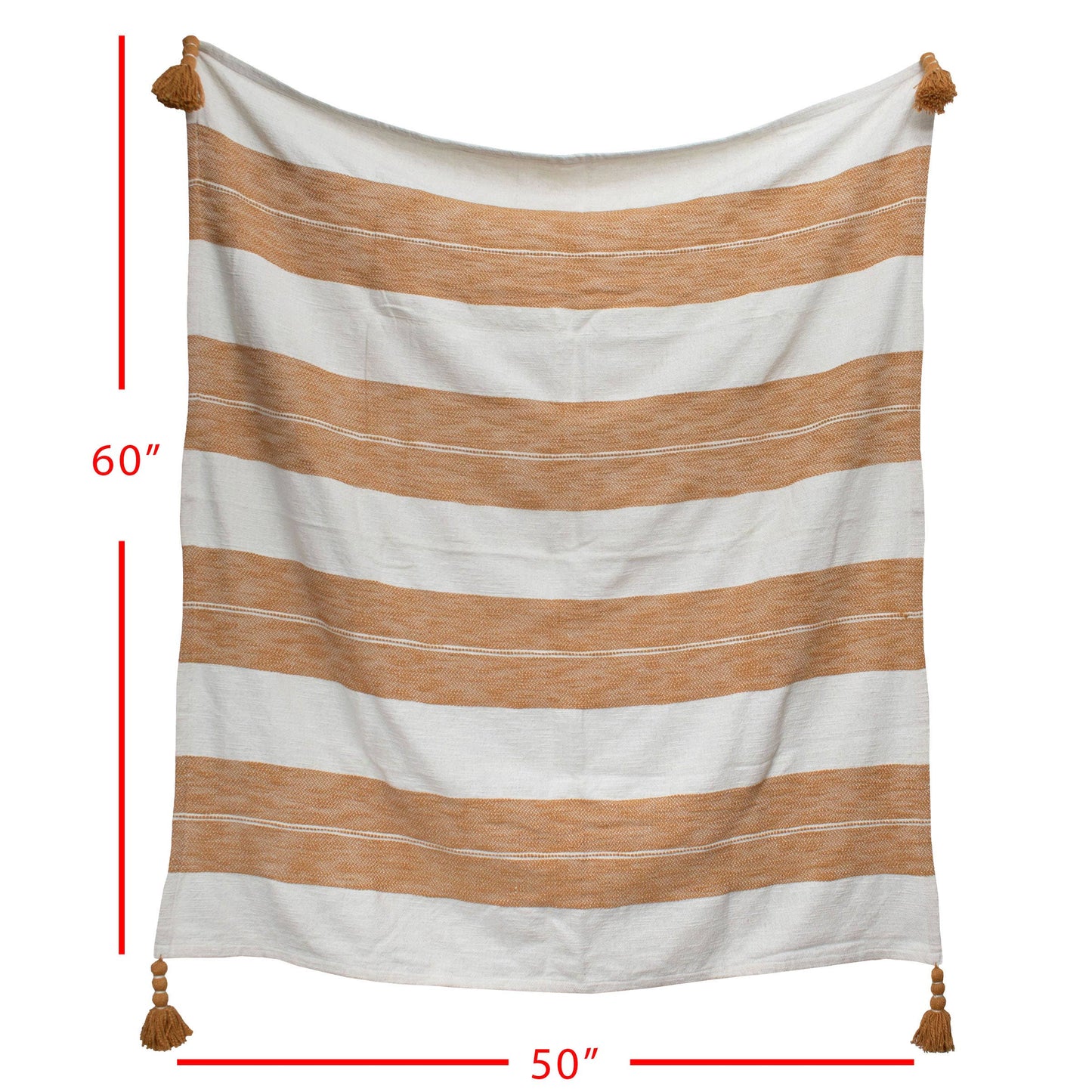 JoEllen Ochre Striped Cotton Throw Blanket | Tasseled, 50x60