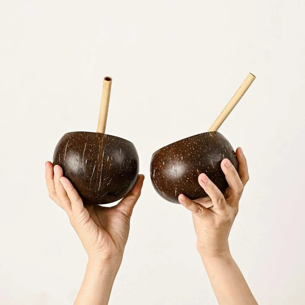 Natural Coconut Shell Cups | Set of 2 + Straws