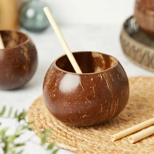 Natural Coconut Shell Cups | Set of 2 + Straws