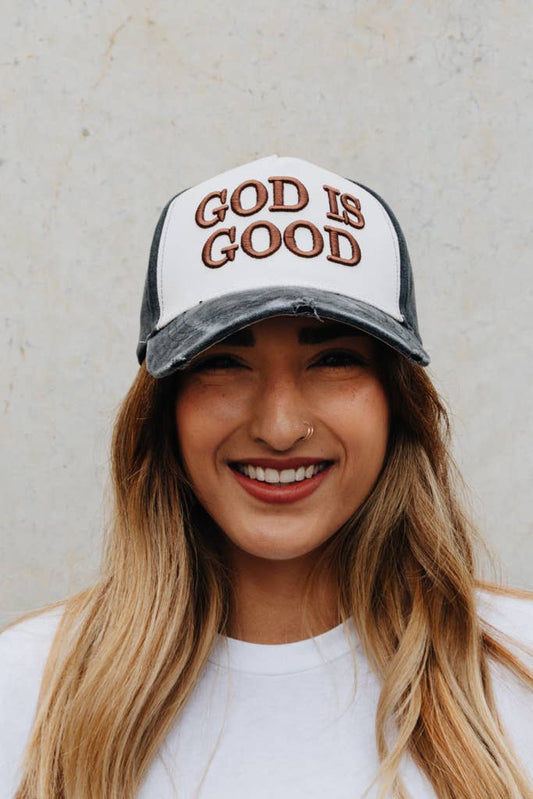 God is Good Distressed Trucker Hat | White & Brown