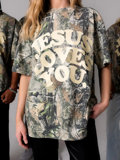 {{PREORDER}} Jesus Loves You. Oversized Camo Tee