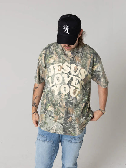 {{PREORDER}} Jesus Loves You. Oversized Camo Tee